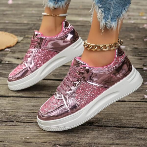 Fashion Lace-up Flat Shoes With Sequin Design Casual Sports Thick Bottom Round Toe Shoes For Women Non-slip Walking Sneakers - Image 6