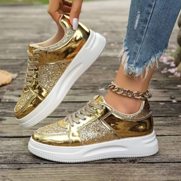 Fashion Lace-up Flat Shoes With Sequin Design Casual Sports Thick Bottom Round Toe Shoes For Women Non-slip Walking Sneakers - Image 5