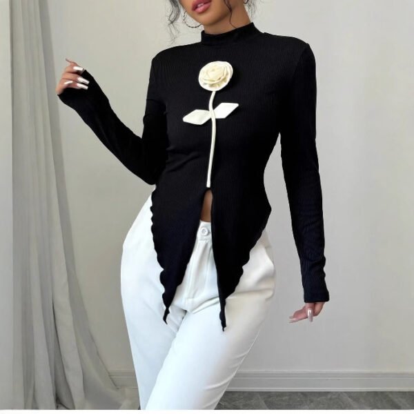 casual fashionable Three-dimensional Flower Slim Long Sleeve Top - Image 4