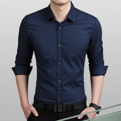 Brand Fashion Male Shirt Long-Sleeves Tops Polka Dot Printing Mens Dress Shirts Slim Men Shirt Plus Size M-5XL FGT