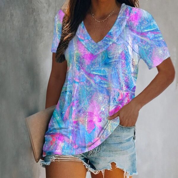 Digital Printing Short-sleeved V-neck T-shirt - Image 7