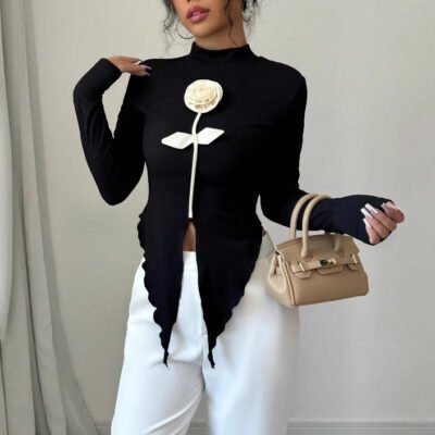 casual fashionable Three-dimensional Flower Slim Long Sleeve Top