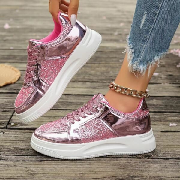 Fashion Lace-up Flat Shoes With Sequin Design Casual Sports Thick Bottom Round Toe Shoes For Women Non-slip Walking Sneakers - Image 8