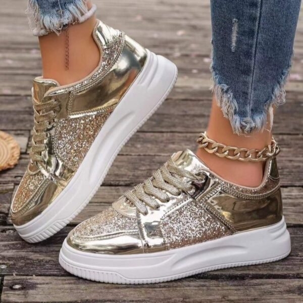 Fashion Lace-up Flat Shoes With Sequin Design Casual Sports Thick Bottom Round Toe Shoes For Women Non-slip Walking Sneakers - Image 3