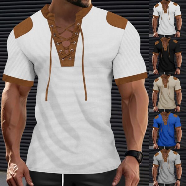 European And American Sports And Leisure Henley Shirt Short Sleeve Lace-up Neckline - Image 5