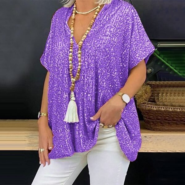 Solid Color Loose Pullover Sequin T-shirt - Image 4