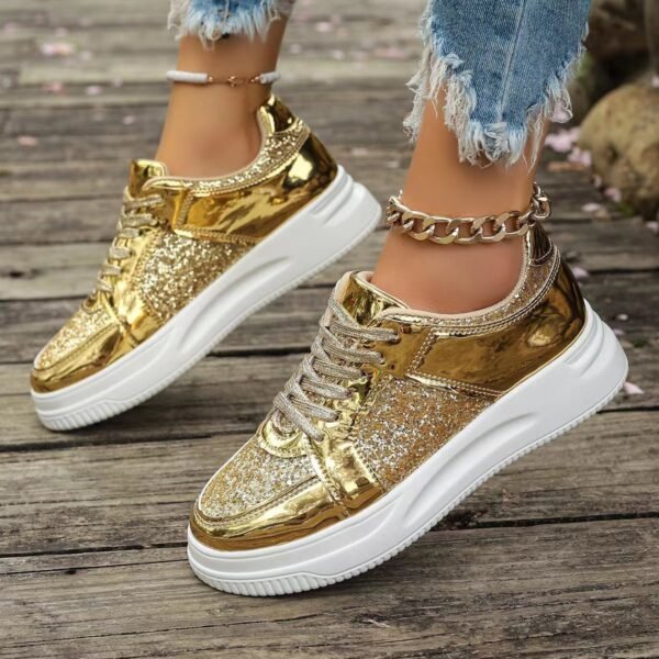 Fashion Lace-up Flat Shoes With Sequin Design Casual Sports Thick Bottom Round Toe Shoes For Women Non-slip Walking Sneakers - Image 2