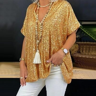 Solid Color Loose Pullover Sequin T-shirt