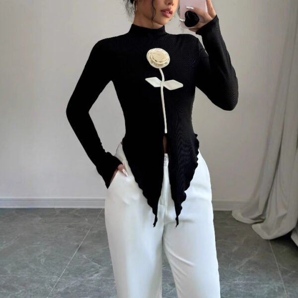 casual fashionable Three-dimensional Flower Slim Long Sleeve Top - Image 3